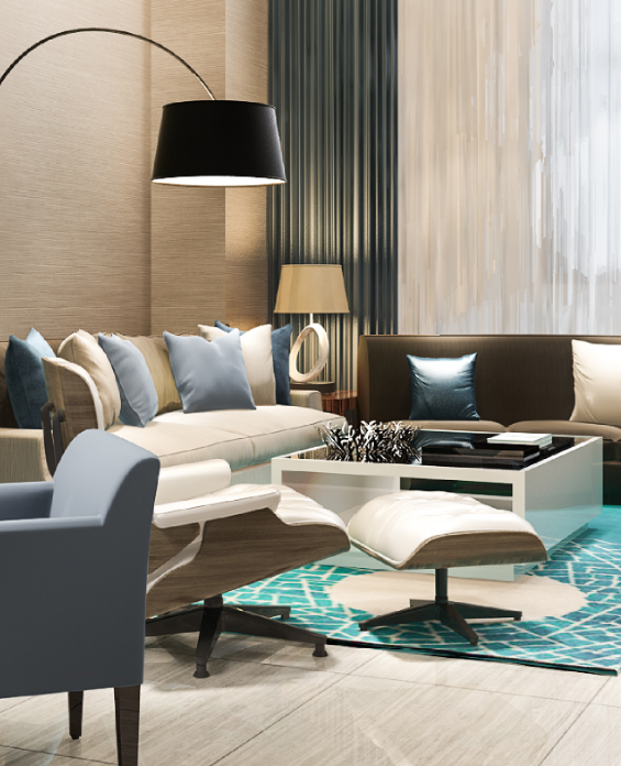 a living room with blue and white furniture at The Tupelo